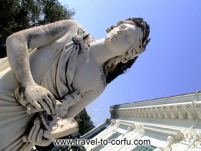 ? lot of statues that are representing deities of Greek mythology adorn the gardens of Achillion. CORFU PHOTO GALLERY - ACHILLION - MOUSSON PERISTYLION