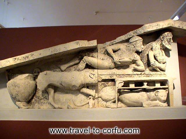 DIONYSIAC SYMPOSIUM - Left part of an Archaic pediment from the area of Figareto. The impressive representation depicts a scene of a Dionysiac symposium. Dated to 500 B.C. 
