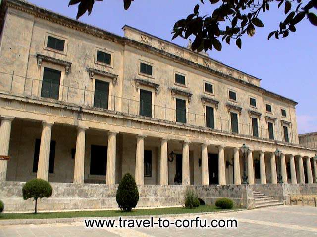 ANAKTORA - SAINT MICHAEL AND GEORGE PALACE - The appearance of the building adorned with a Doric rythm colonnade that is interrupted by two gates which have the form of triumphal arch.